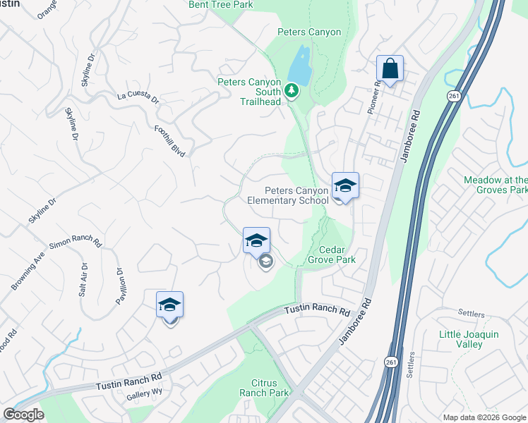 map of restaurants, bars, coffee shops, grocery stores, and more near 2535 Bronzewood Drive in Tustin