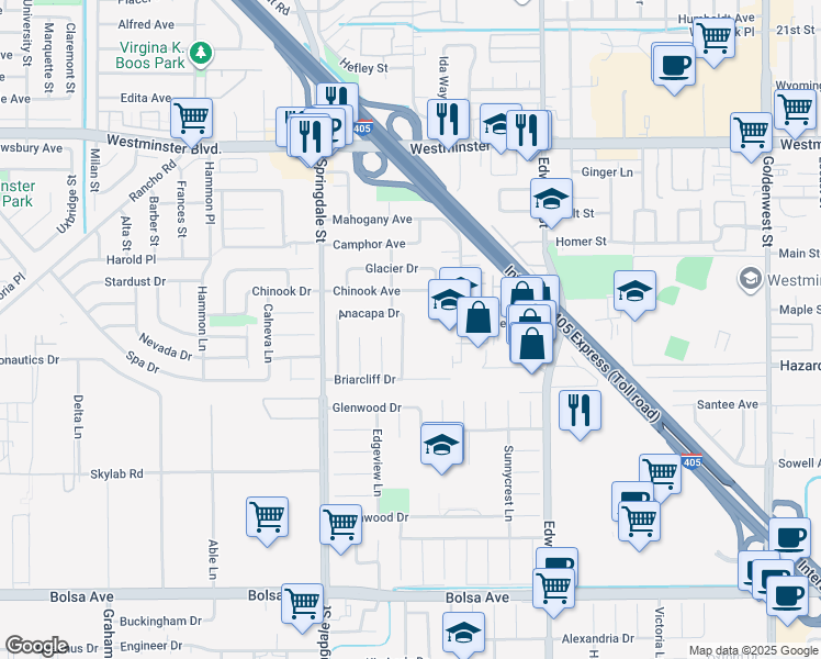 map of restaurants, bars, coffee shops, grocery stores, and more near 14392 Fairview Lane in Huntington Beach