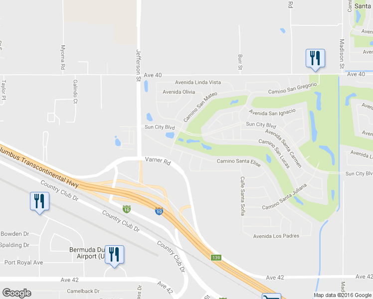 map of restaurants, bars, coffee shops, grocery stores, and more near 80242 Camino Santa Elise in Indio