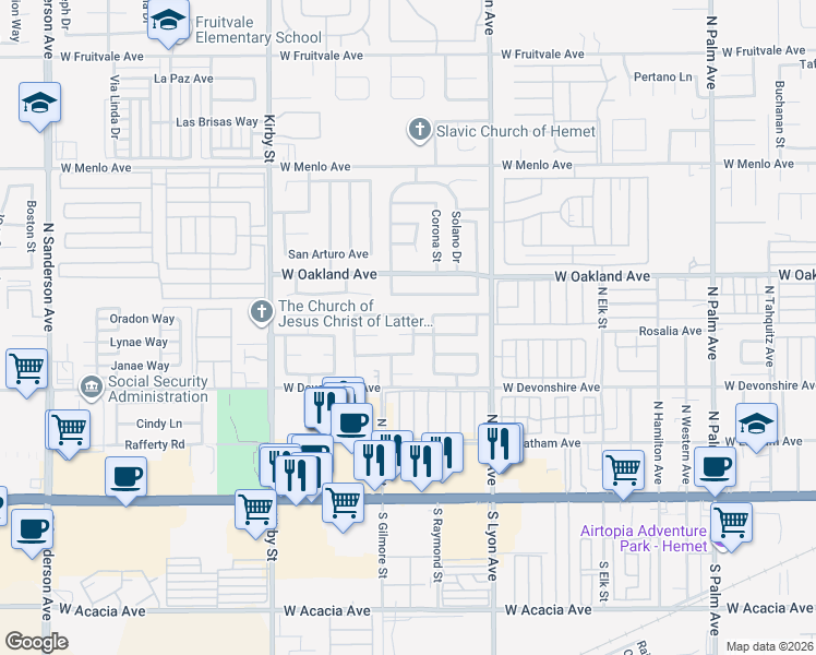 map of restaurants, bars, coffee shops, grocery stores, and more near 2032 Calle Diablo in Hemet
