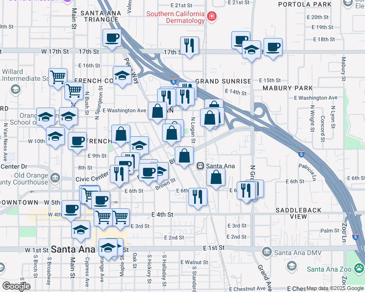 map of restaurants, bars, coffee shops, grocery stores, and more near 921 North Santiago Street in Santa Ana