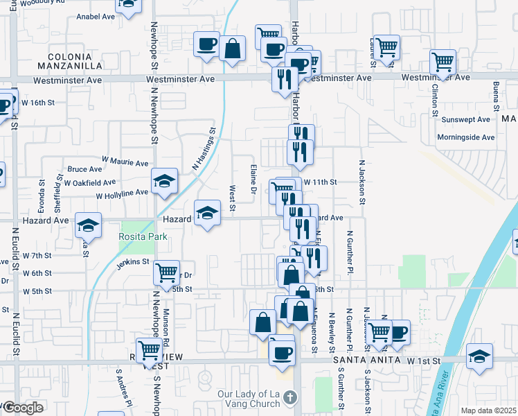map of restaurants, bars, coffee shops, grocery stores, and more near 926 Willardson Way in Santa Ana