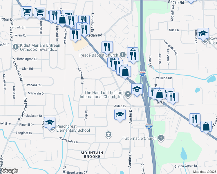 map of restaurants, bars, coffee shops, grocery stores, and more near 3723 Loren Drive in Decatur