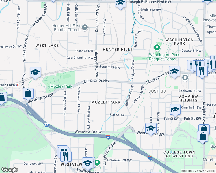 map of restaurants, bars, coffee shops, grocery stores, and more near 76 Chicamauga Avenue Southwest in Atlanta