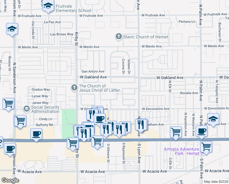 map of restaurants, bars, coffee shops, grocery stores, and more near 2032 Calle Diablo in Hemet