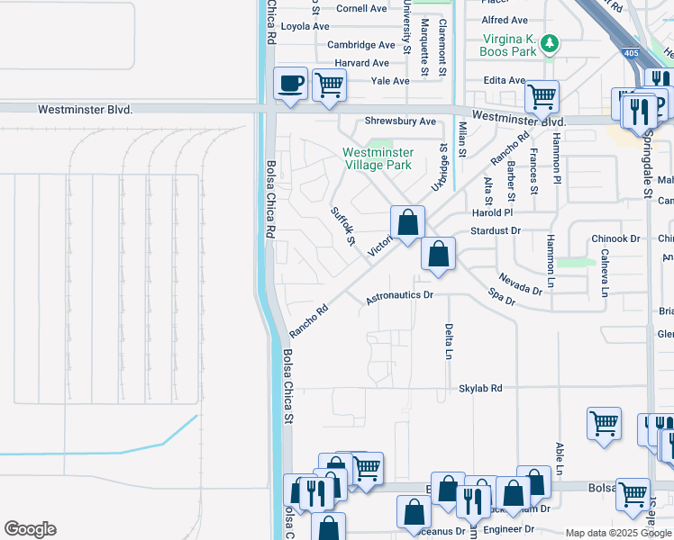 map of restaurants, bars, coffee shops, grocery stores, and more near 5181 Victoria Place in Westminster