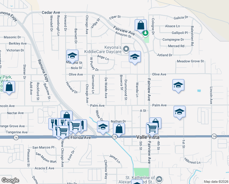 map of restaurants, bars, coffee shops, grocery stores, and more near 43719 Earle Court in Hemet