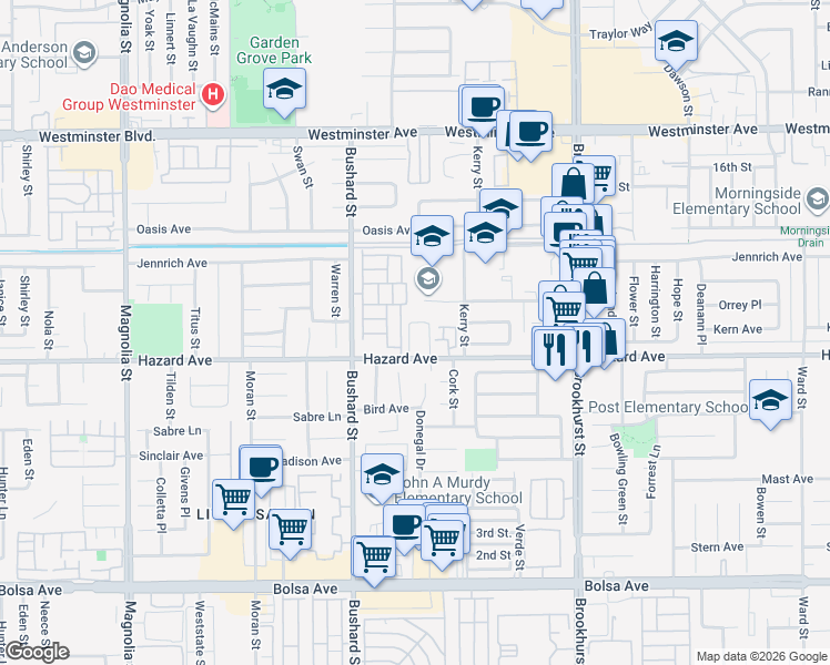 map of restaurants, bars, coffee shops, grocery stores, and more near 9619 Hazard Avenue in Garden Grove