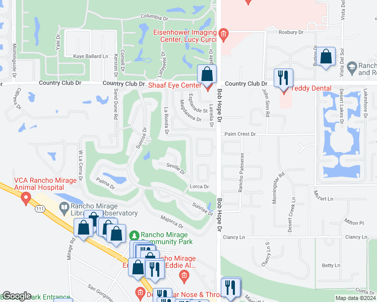 map of restaurants, bars, coffee shops, grocery stores, and more near 73 La Ronda Drive in Rancho Mirage