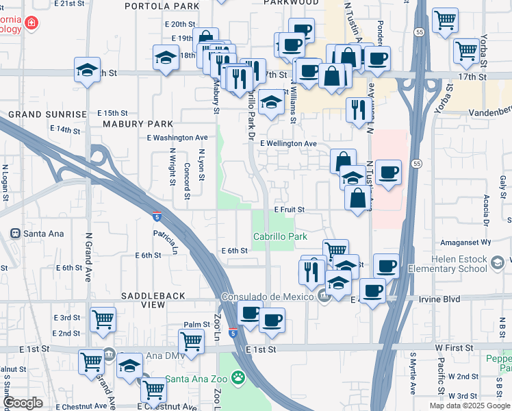 map of restaurants, bars, coffee shops, grocery stores, and more near 1024 Cabrillo Park Drive in Santa Ana