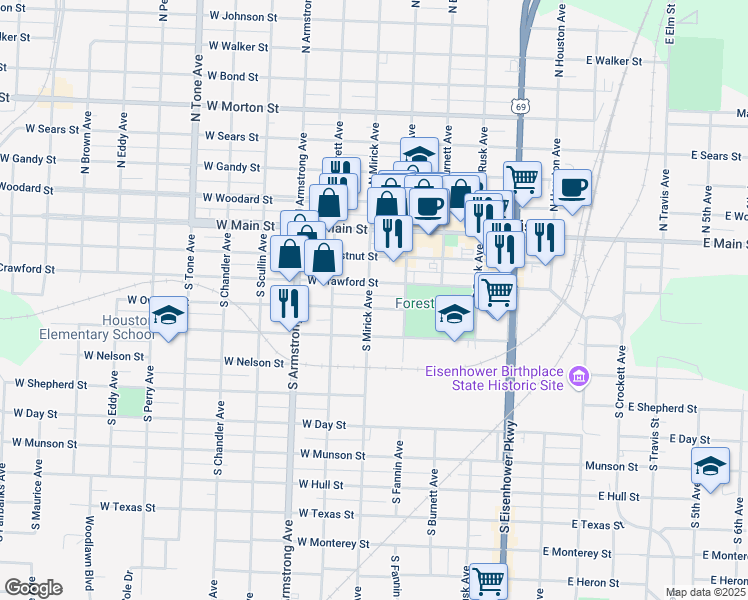 map of restaurants, bars, coffee shops, grocery stores, and more near 320 South Mirick Avenue in Denison