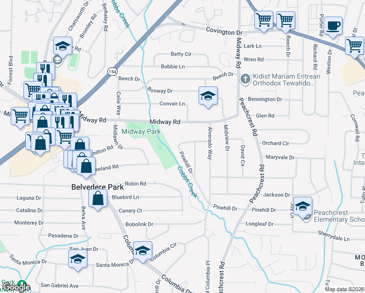 map of restaurants, bars, coffee shops, grocery stores, and more near 3160 Pinehill Drive in Decatur