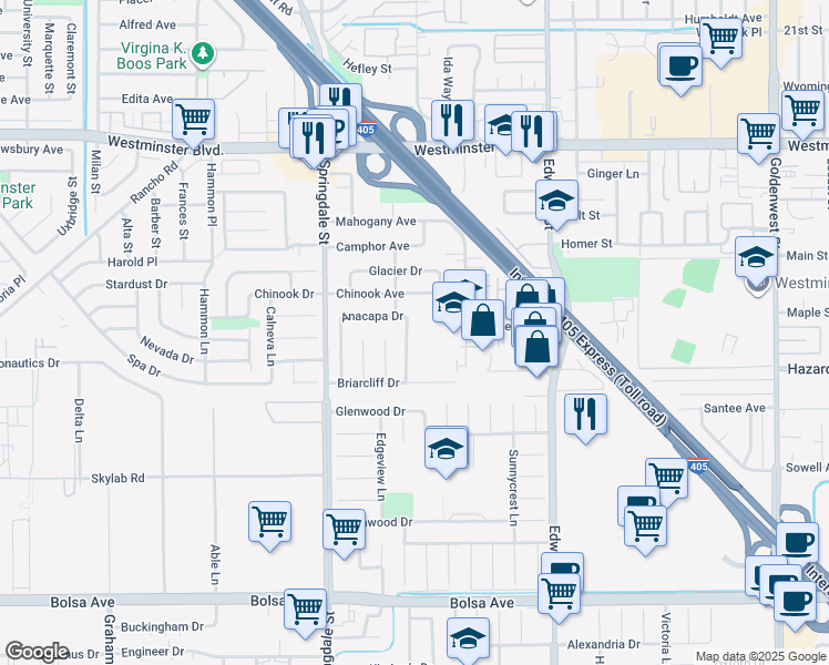map of restaurants, bars, coffee shops, grocery stores, and more near 14392 Fairview Lane in Huntington Beach