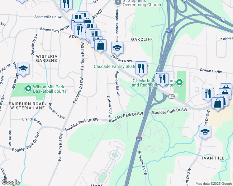 map of restaurants, bars, coffee shops, grocery stores, and more near 137 Brownlee Road Southwest in Atlanta