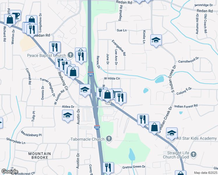 map of restaurants, bars, coffee shops, grocery stores, and more near 1377 Margarette Drive in Decatur