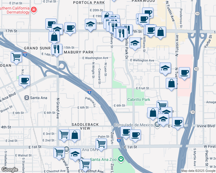 map of restaurants, bars, coffee shops, grocery stores, and more near 1639 East Fruit Street in Santa Ana