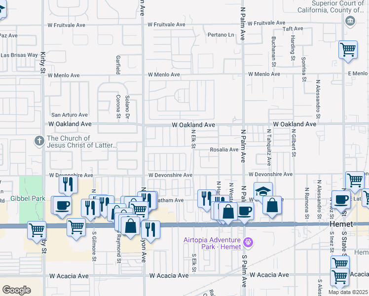 map of restaurants, bars, coffee shops, grocery stores, and more near 1525 West Oakland Avenue in Hemet