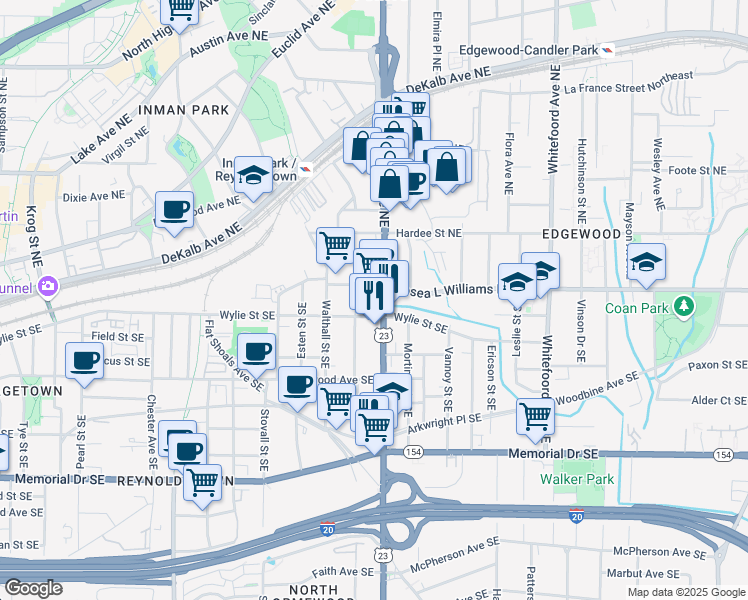map of restaurants, bars, coffee shops, grocery stores, and more near 15 Moreland Avenue Southeast in Atlanta