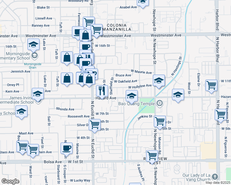 map of restaurants, bars, coffee shops, grocery stores, and more near 914 Alene Circle in Santa Ana