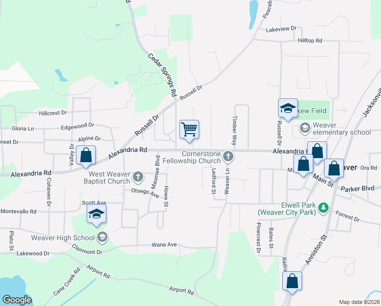 map of restaurants, bars, coffee shops, grocery stores, and more near 800 Alexandria Road in Weaver