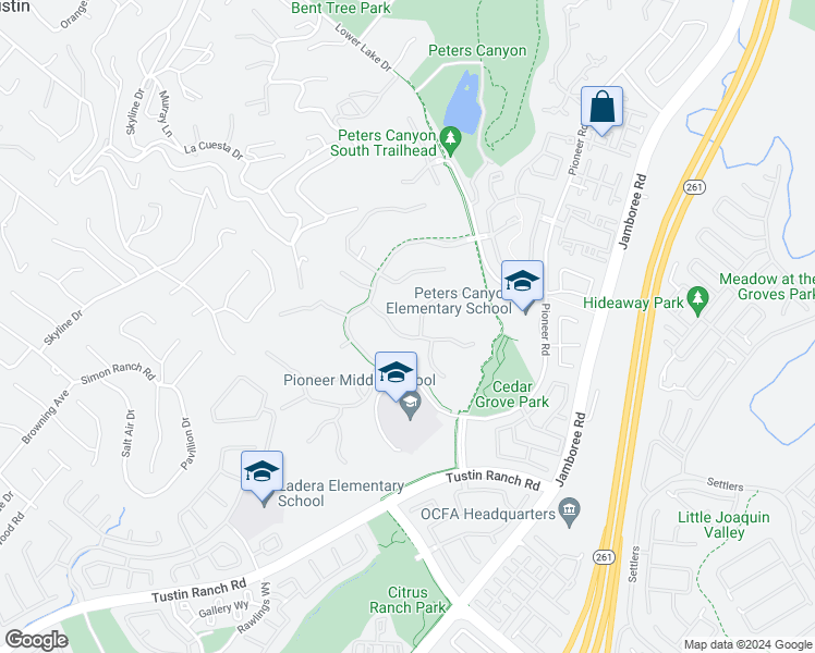 map of restaurants, bars, coffee shops, grocery stores, and more near 2535 Bronzewood Drive in Tustin