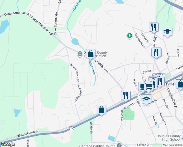 map of restaurants, bars, coffee shops, grocery stores, and more near 7130 Crystal Creek Place in Douglasville