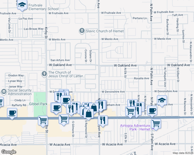map of restaurants, bars, coffee shops, grocery stores, and more near 436 Tierra Baja Way in Hemet