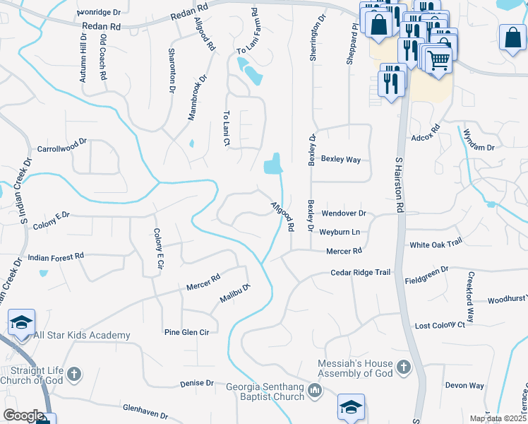 map of restaurants, bars, coffee shops, grocery stores, and more near 4454 Cypress Ridge Lane in Stone Mountain