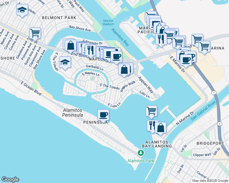 map of restaurants, bars, coffee shops, grocery stores, and more near 81 Savona Walk in Long Beach