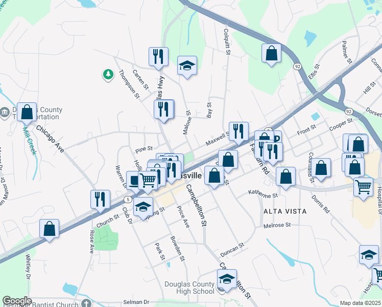 map of restaurants, bars, coffee shops, grocery stores, and more near 8338 92 Dallas Highway in Douglasville