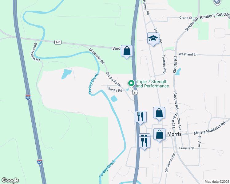 map of restaurants, bars, coffee shops, grocery stores, and more near 8508 Old Sardis Road in Morris