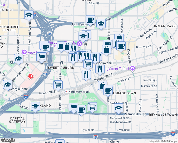 map of restaurants, bars, coffee shops, grocery stores, and more near 46 Boulevard Southeast in Atlanta