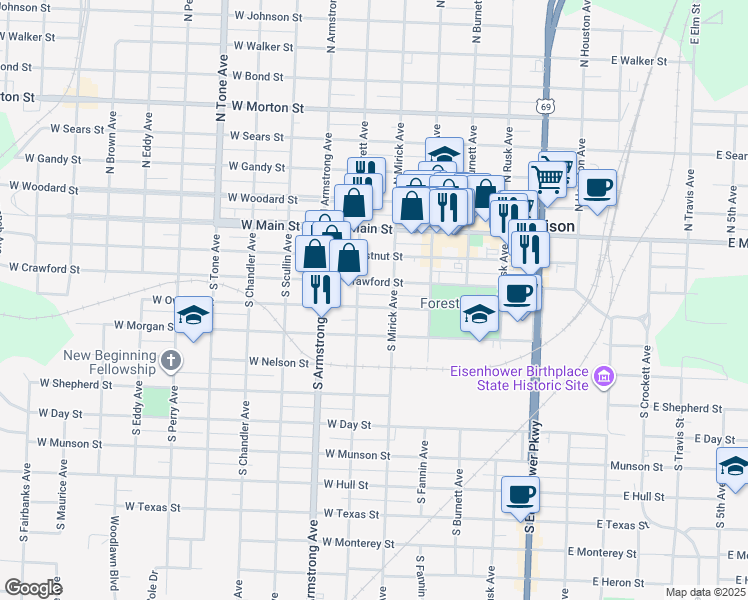 map of restaurants, bars, coffee shops, grocery stores, and more near 631 West Owings Street in Denison