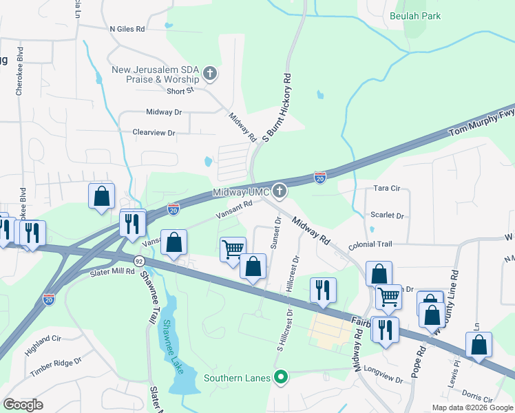 map of restaurants, bars, coffee shops, grocery stores, and more near 3949 Vansant Road in Douglasville