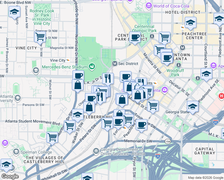 map of restaurants, bars, coffee shops, grocery stores, and more near 26 Elliott Street Southwest in Atlanta