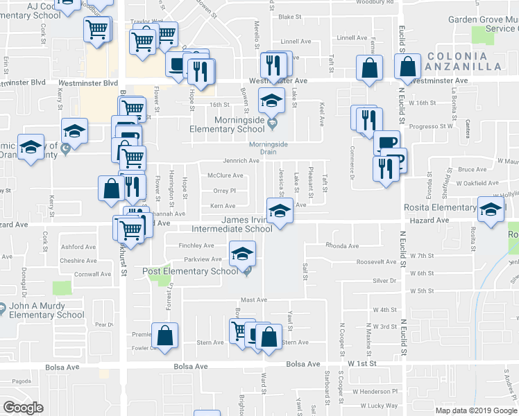 map of restaurants, bars, coffee shops, grocery stores, and more near 14431 Ward Street in Garden Grove