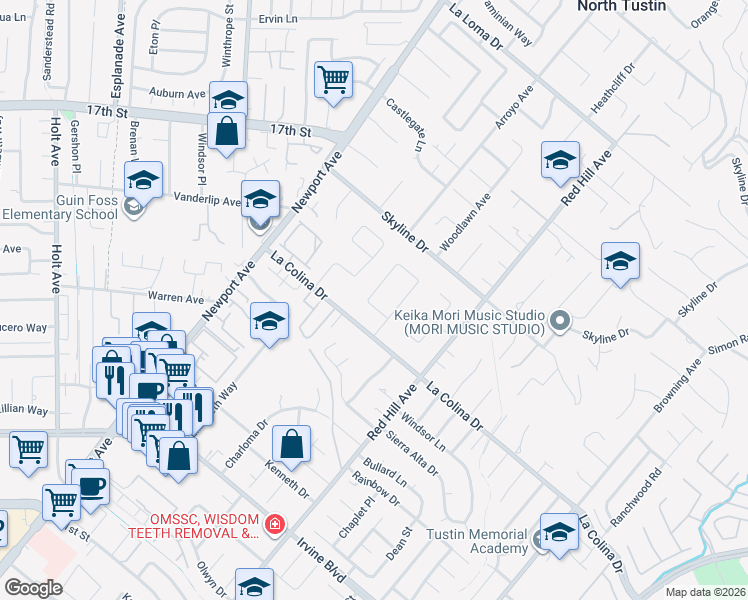 map of restaurants, bars, coffee shops, grocery stores, and more near 12402 Charloma Drive in Tustin