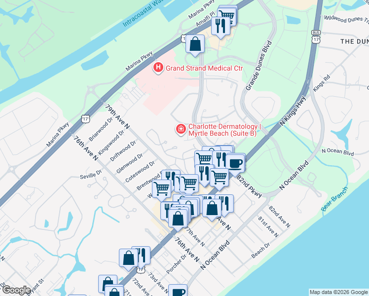 map of restaurants, bars, coffee shops, grocery stores, and more near 6 Martinique in Myrtle Beach