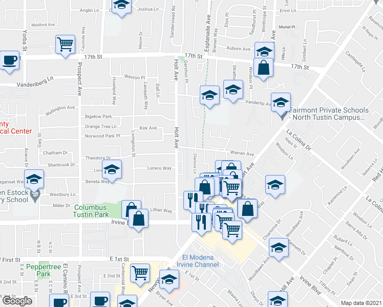 map of restaurants, bars, coffee shops, grocery stores, and more near 14461 Clarissa Lane in Tustin