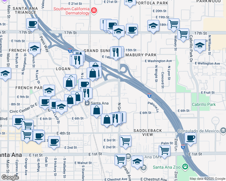 map of restaurants, bars, coffee shops, grocery stores, and more near 1202 Stafford Street in Santa Ana