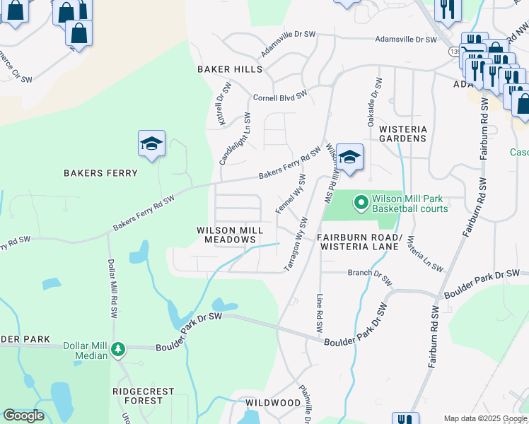 map of restaurants, bars, coffee shops, grocery stores, and more near 3991 Ester Drive Southwest in Atlanta