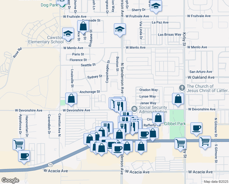 map of restaurants, bars, coffee shops, grocery stores, and more near 411 North Sanderson Avenue in Hemet