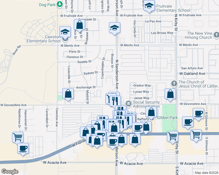 map of restaurants, bars, coffee shops, grocery stores, and more near 411 North Sanderson Avenue in Hemet