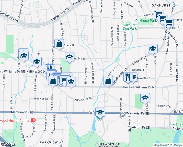 map of restaurants, bars, coffee shops, grocery stores, and more near 54 Rockyford Road Northeast in Atlanta