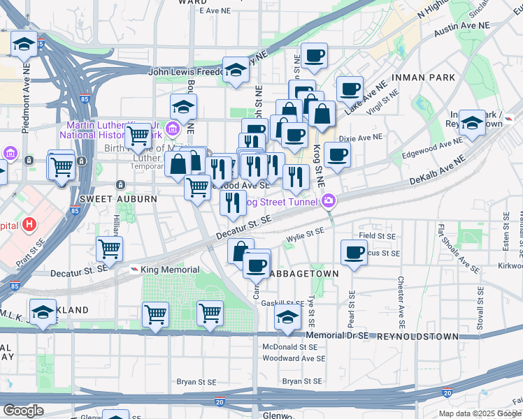 map of restaurants, bars, coffee shops, grocery stores, and more near 45 Cornelia Street Southeast in Atlanta