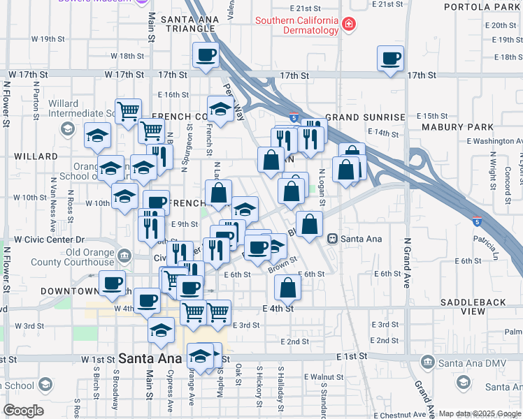 map of restaurants, bars, coffee shops, grocery stores, and more near 807 North Garfield Street in Santa Ana