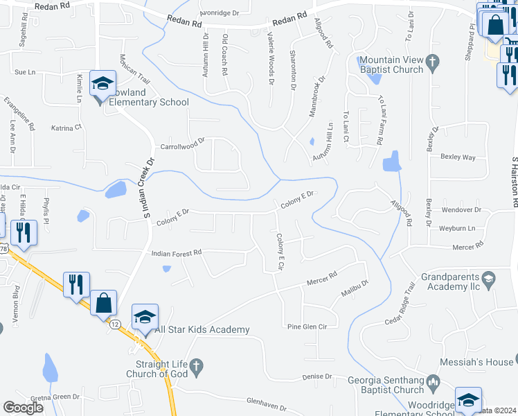 map of restaurants, bars, coffee shops, grocery stores, and more near 4336 Colony East Drive in Stone Mountain