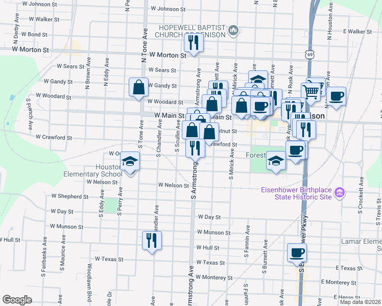 map of restaurants, bars, coffee shops, grocery stores, and more near 722 West Owings Street in Denison