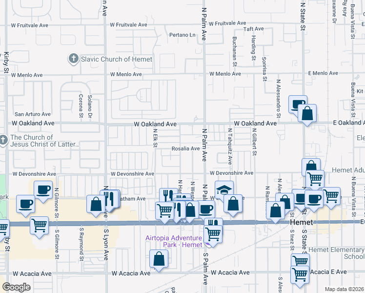 map of restaurants, bars, coffee shops, grocery stores, and more near 1092 Rosalia Avenue in Hemet