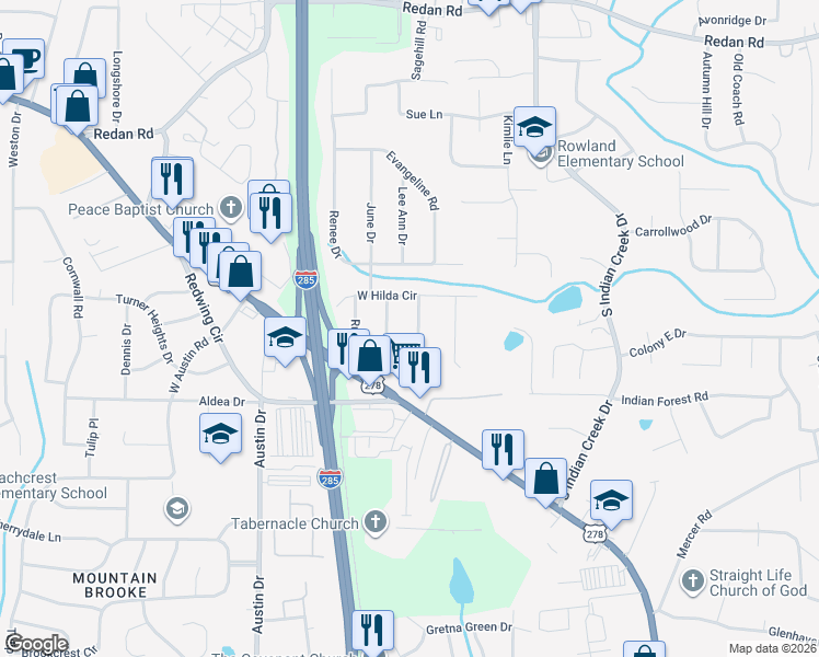 map of restaurants, bars, coffee shops, grocery stores, and more near 3989 East Hilda Circle in Decatur